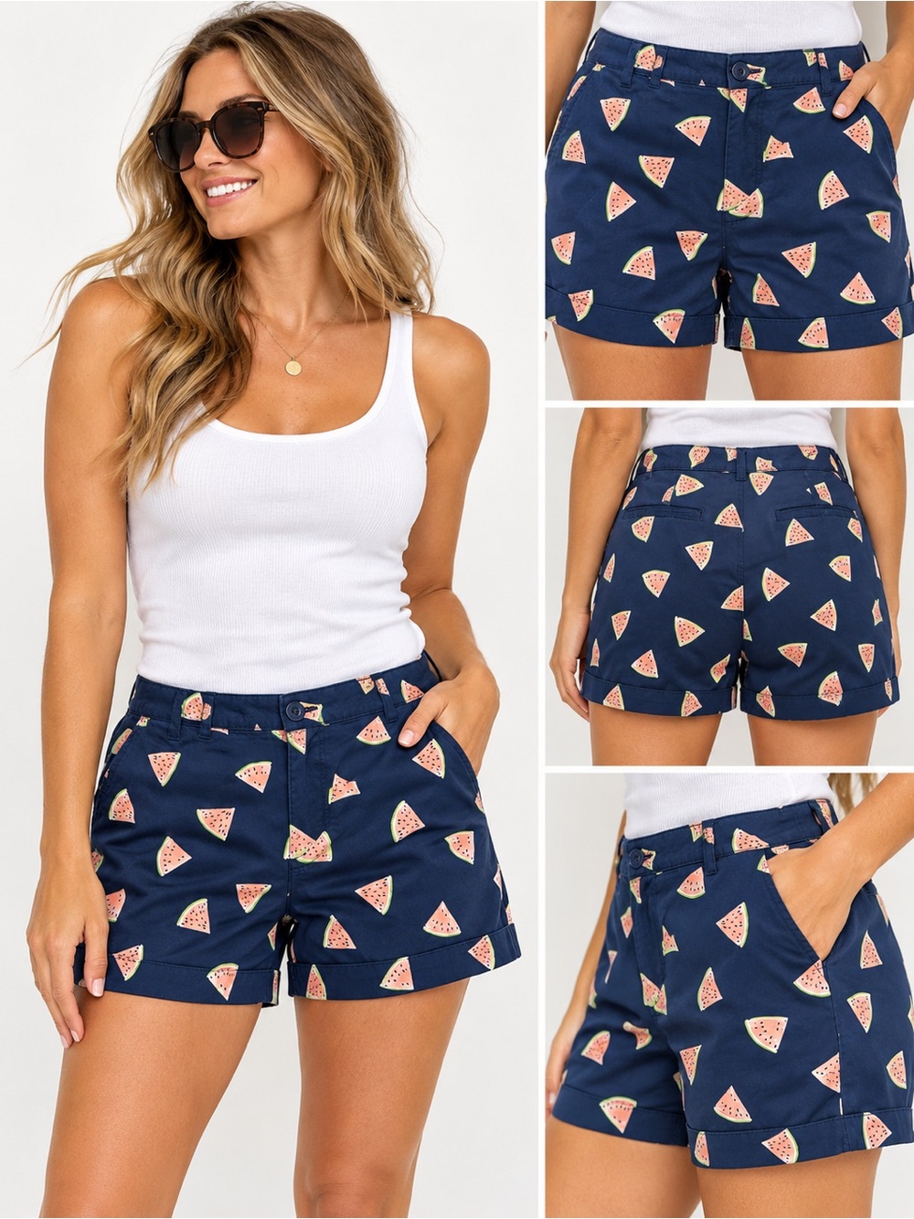 Caribbean Joe Navy Watermelon-Print Cotton Blend Shorts